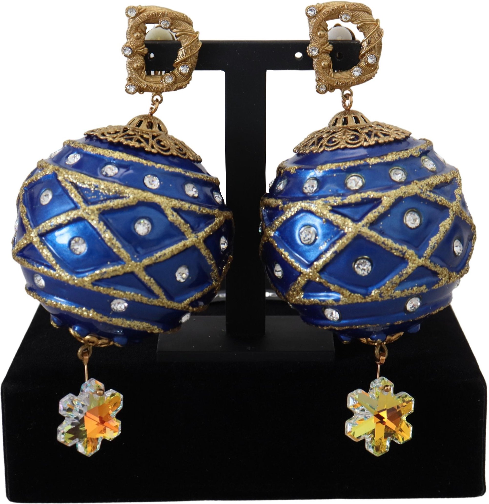 Ornament Ball Ohrringe Blau und Gold Stil