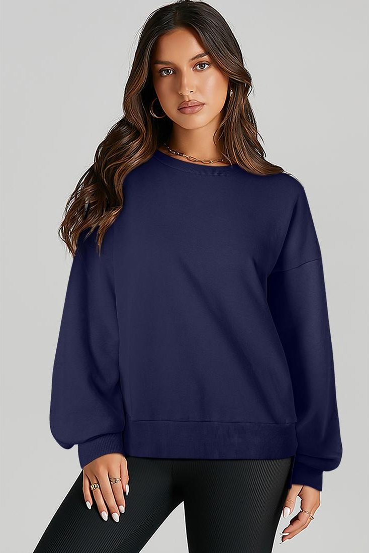 Thumbnail - Azura Exchange Navyblau Solides O-Ausschnitt High-Low Saum Pullover Sweatshirt