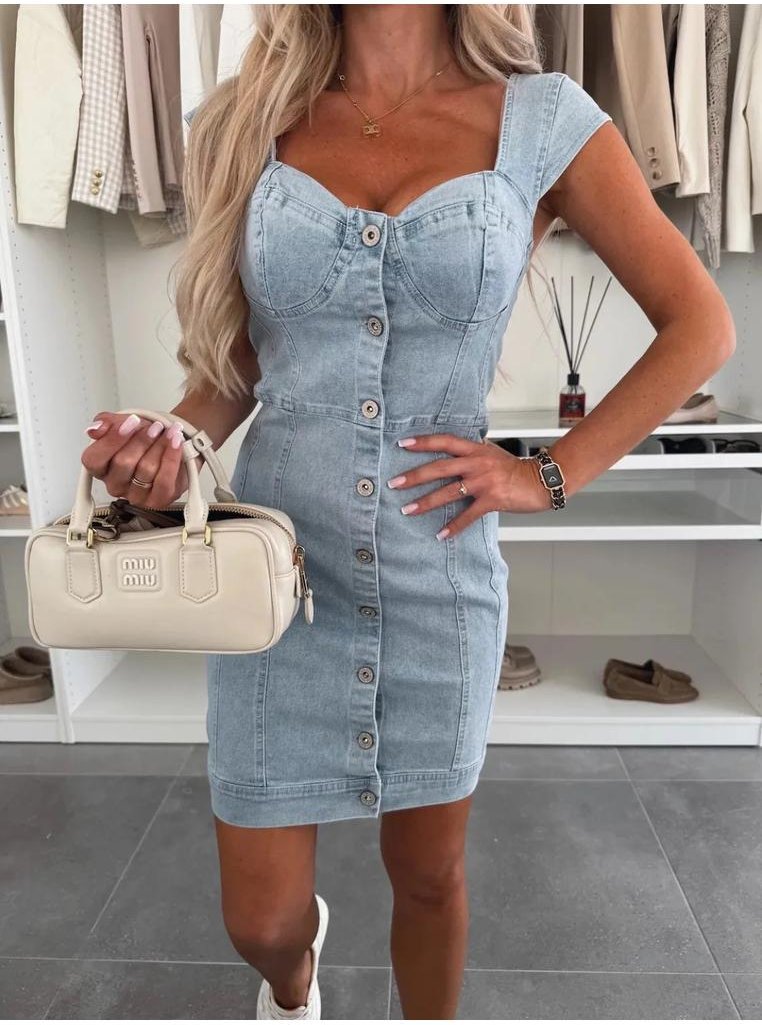 Sweetheart Neck Cap Sleeve Denim Kleid mit geknopfter Vorderseite