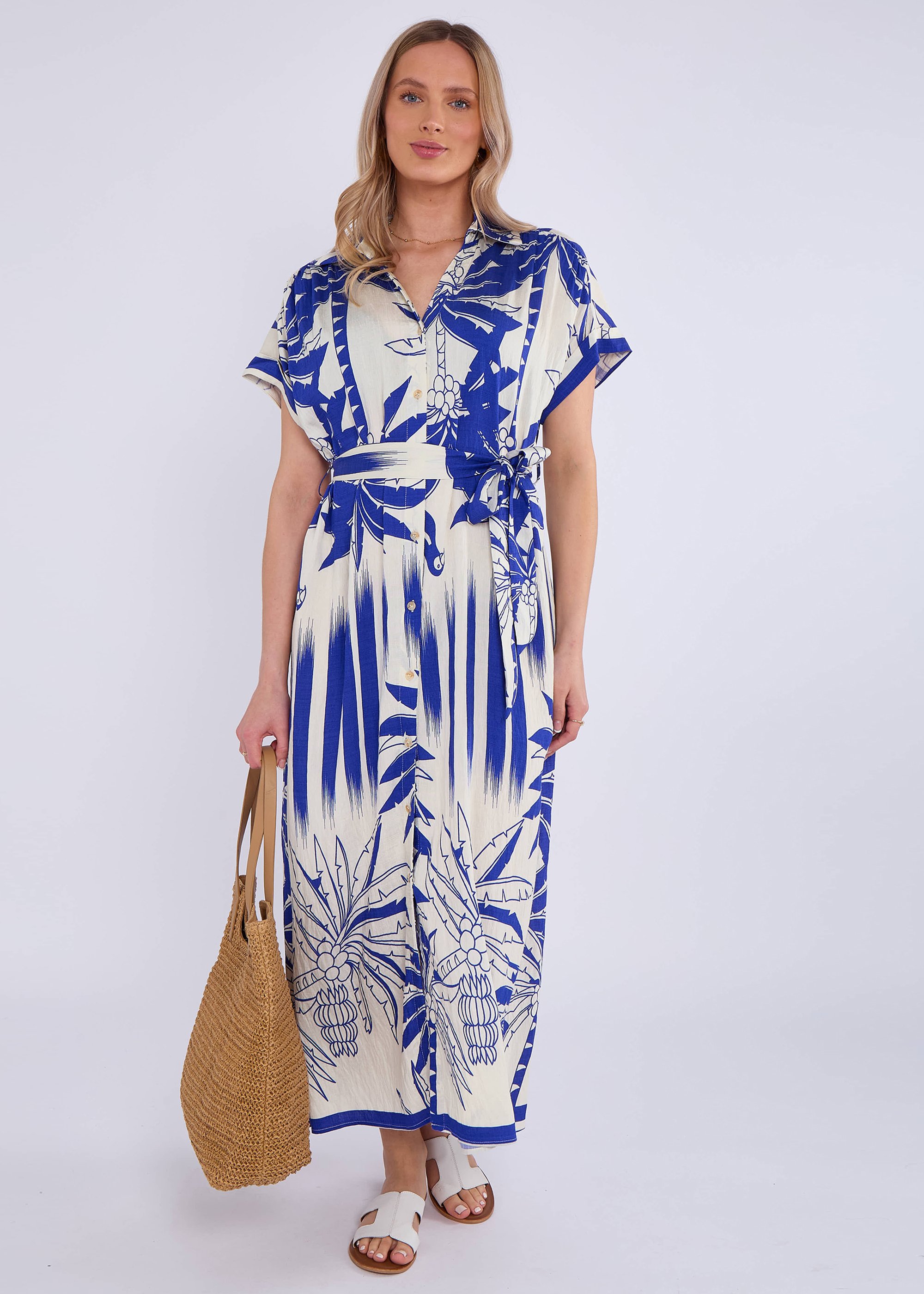 Blaues Tropical Print Midi-Hemdkleid