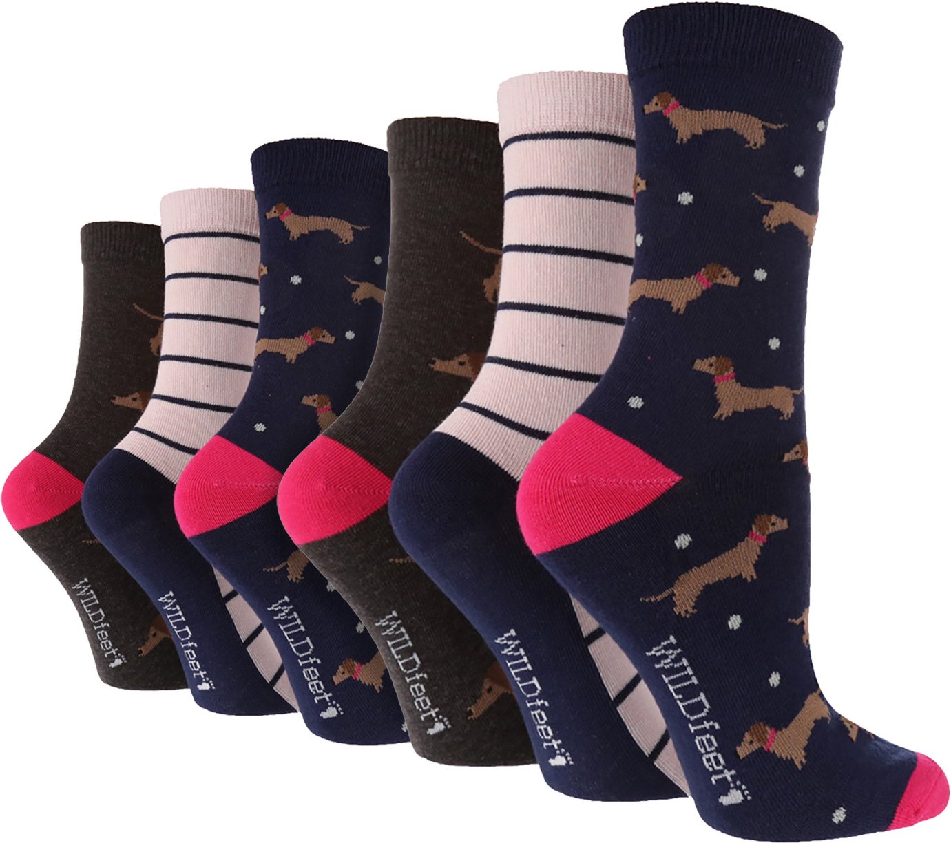 6 Pack Damen Fun Design Socken | Wildfeet | Niedliche Neuheit Tiermuster Socken - Dashchund