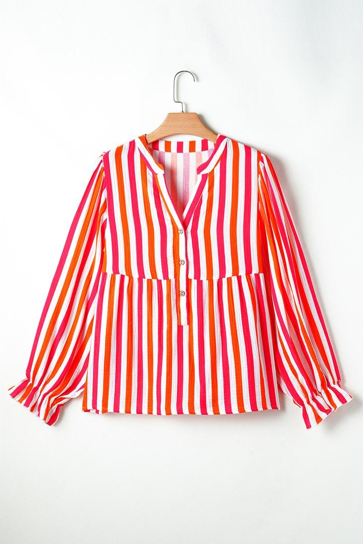 Thumbnail - Azura Exchange Bluse mit orangefarbenen Streifen, Ballonärmel, V-Ausschnitt und Knopfleiste