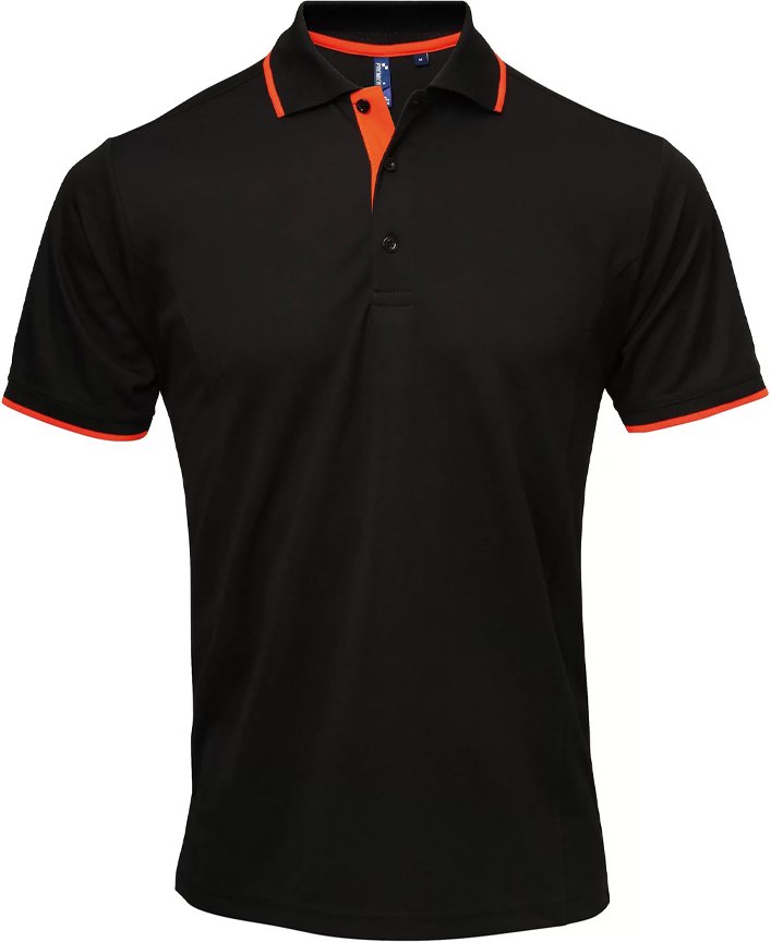 Premier Mens Coolchecker Contrast Pique Polo Shirt (Schwarz/Orange)