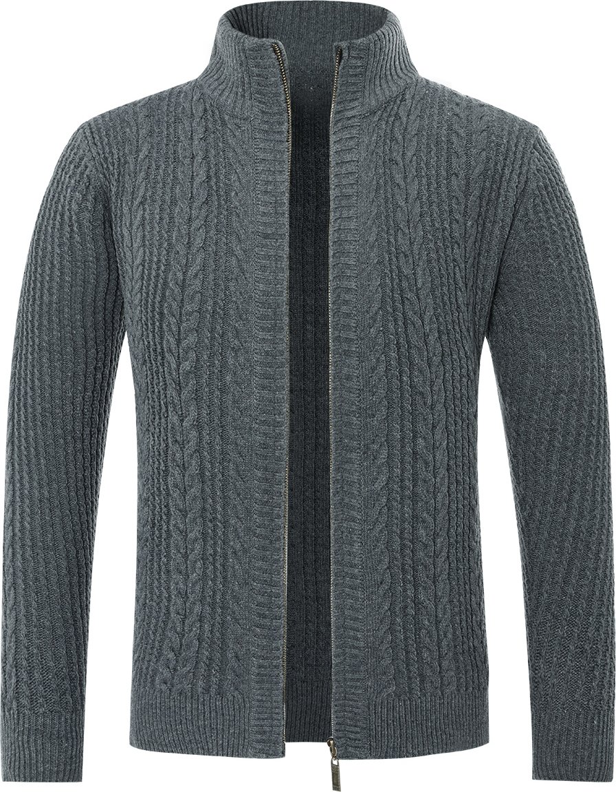 Herren Strickjacke mit Reißverschluss Cardigan Grobstrick mit Stehkragen Grau