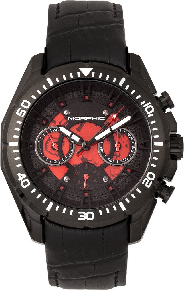 Montre Morphic M66 Series à cadran squelette et bracelet en cuir avec jour/date