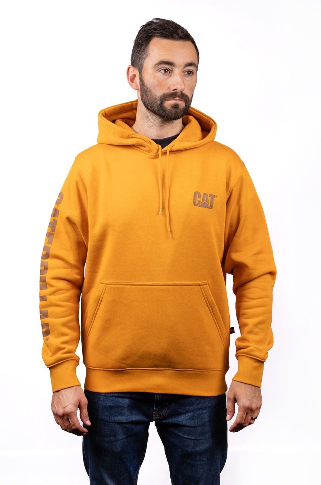 Caterpillar Markenbanner Baumwolle Herren Gelbes Kapuzensweatshirt