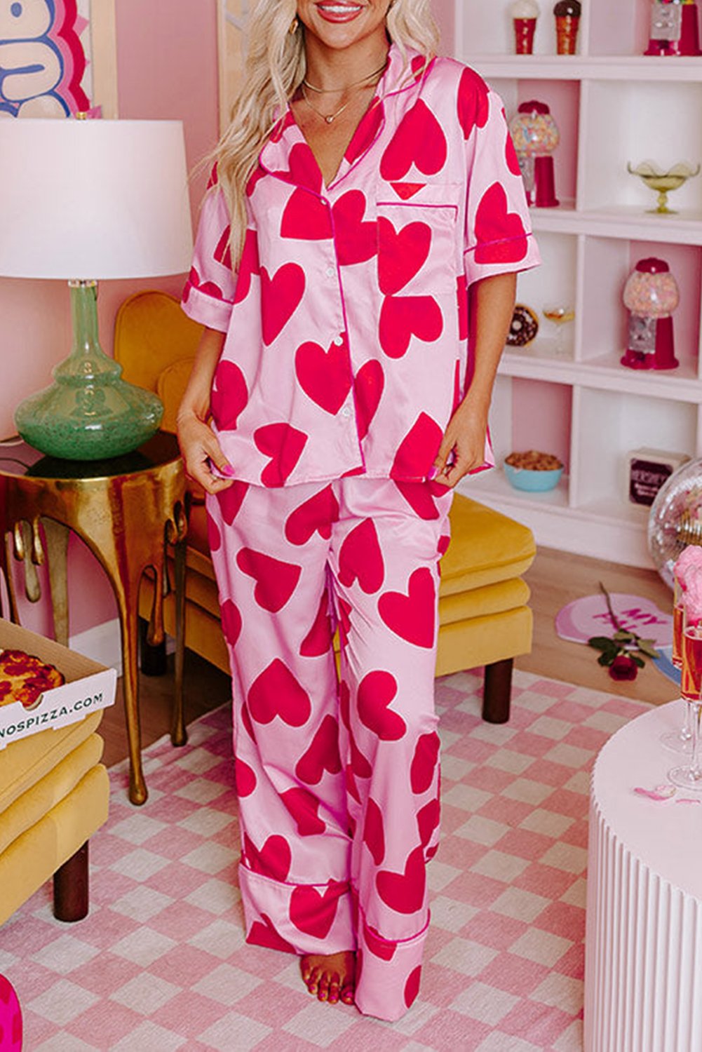 Thumbnail - Rosa Klassisches Herz Valentinstag Kurzarm Hose Pyjama Set