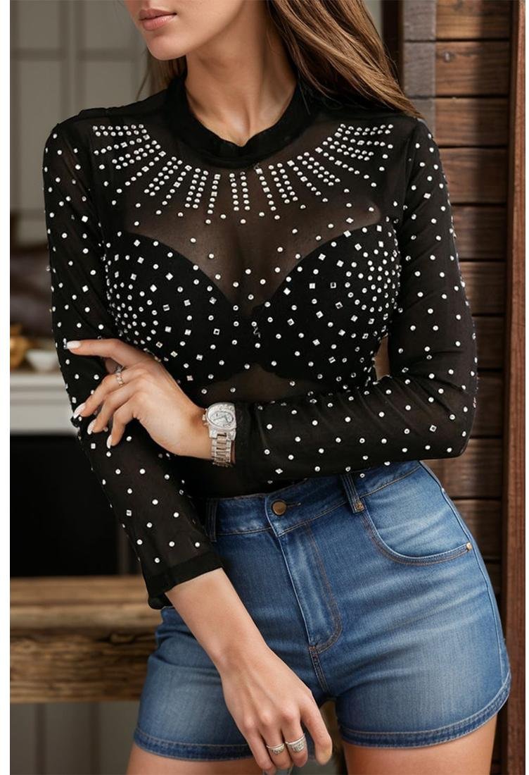 Thumbnail - Strass-Trim Langarm-Body mit Stehkragen und Stehkragen