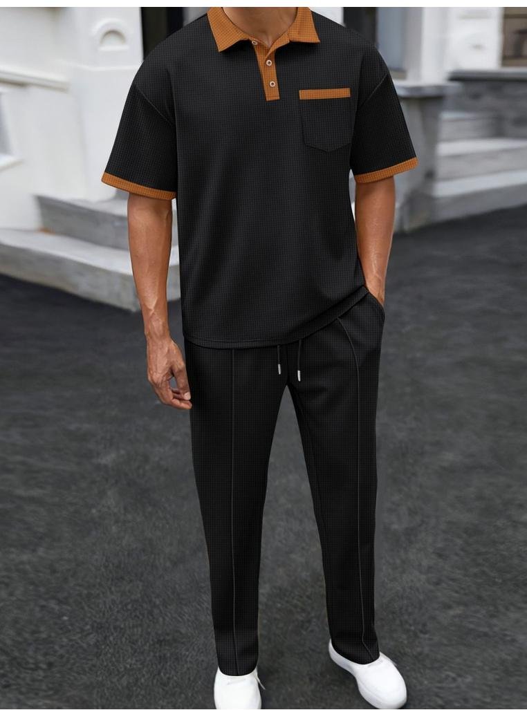 Thumbnail - Herren Waffelpique-Kontrast Poloshirt und Hose Set in Übergröße