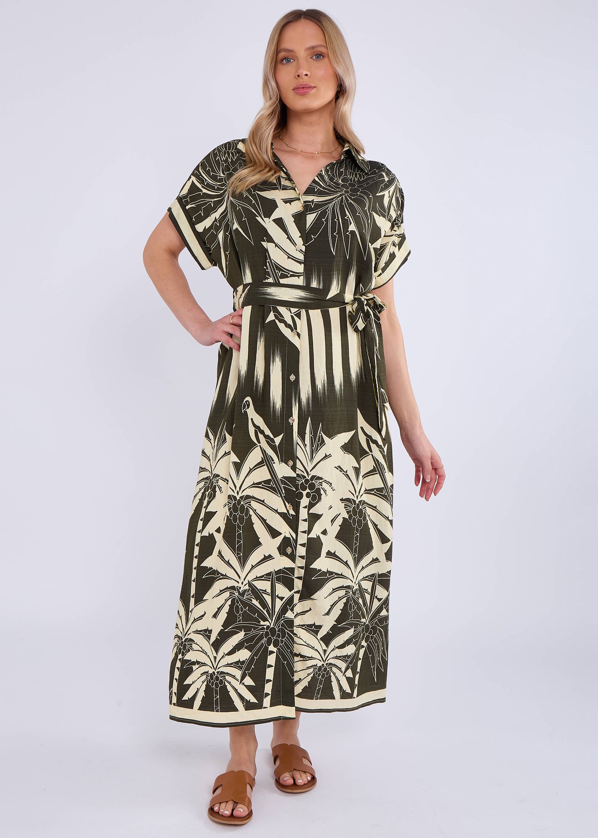 Khaki Tropical Print Midi-Hemdkleid