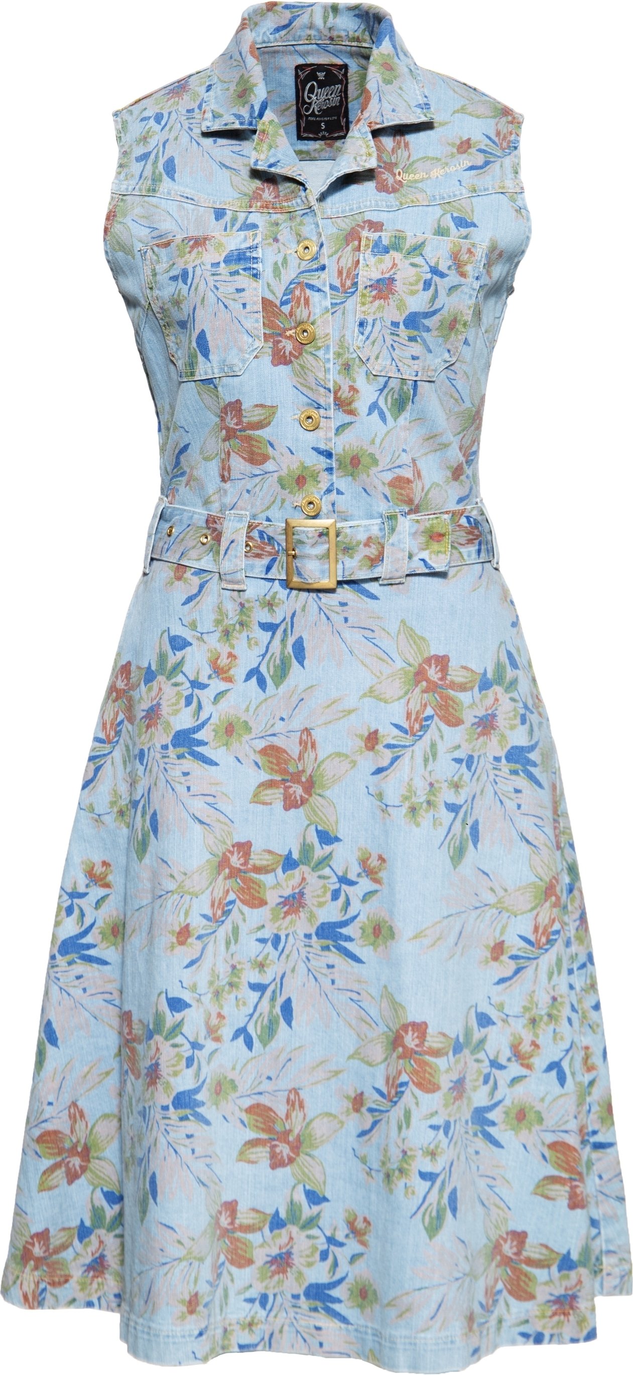 Queen Kerosin Damen Denim Workwear Swing Kleid Hawaii hellblau