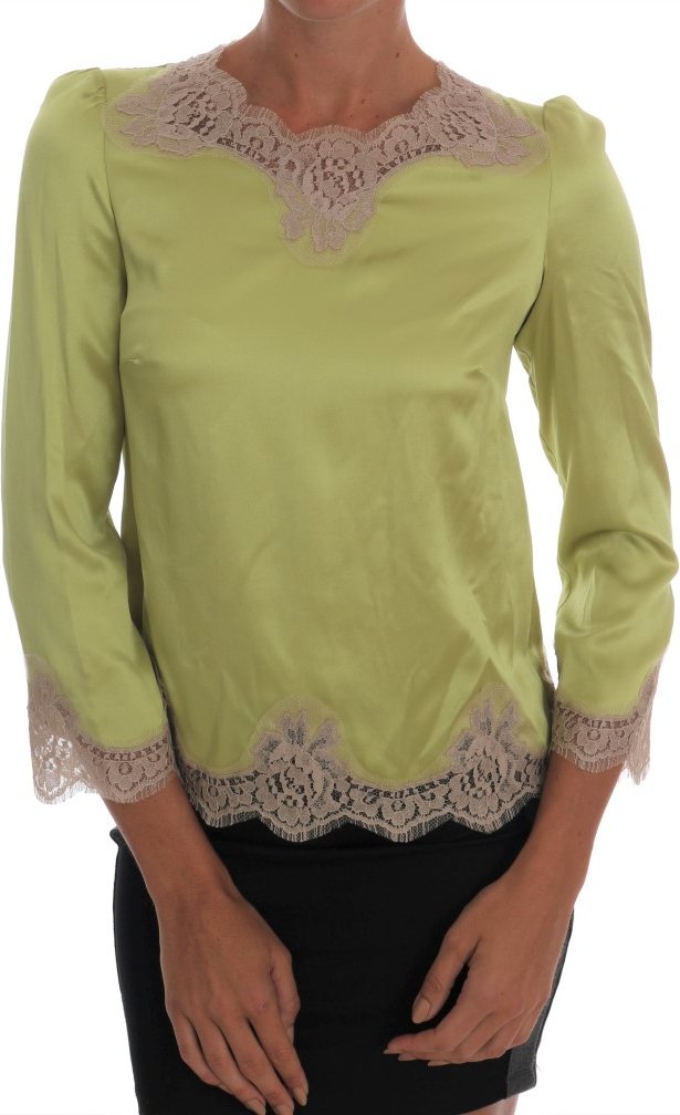 Limonengrüne Seidenbluse mit Spitzenbesatz