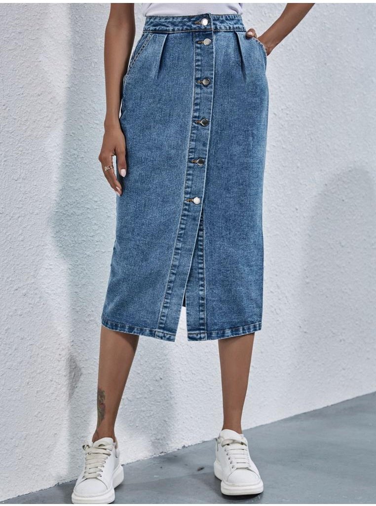 Geknopfter Jeansrock mit Taschen und Schlitz