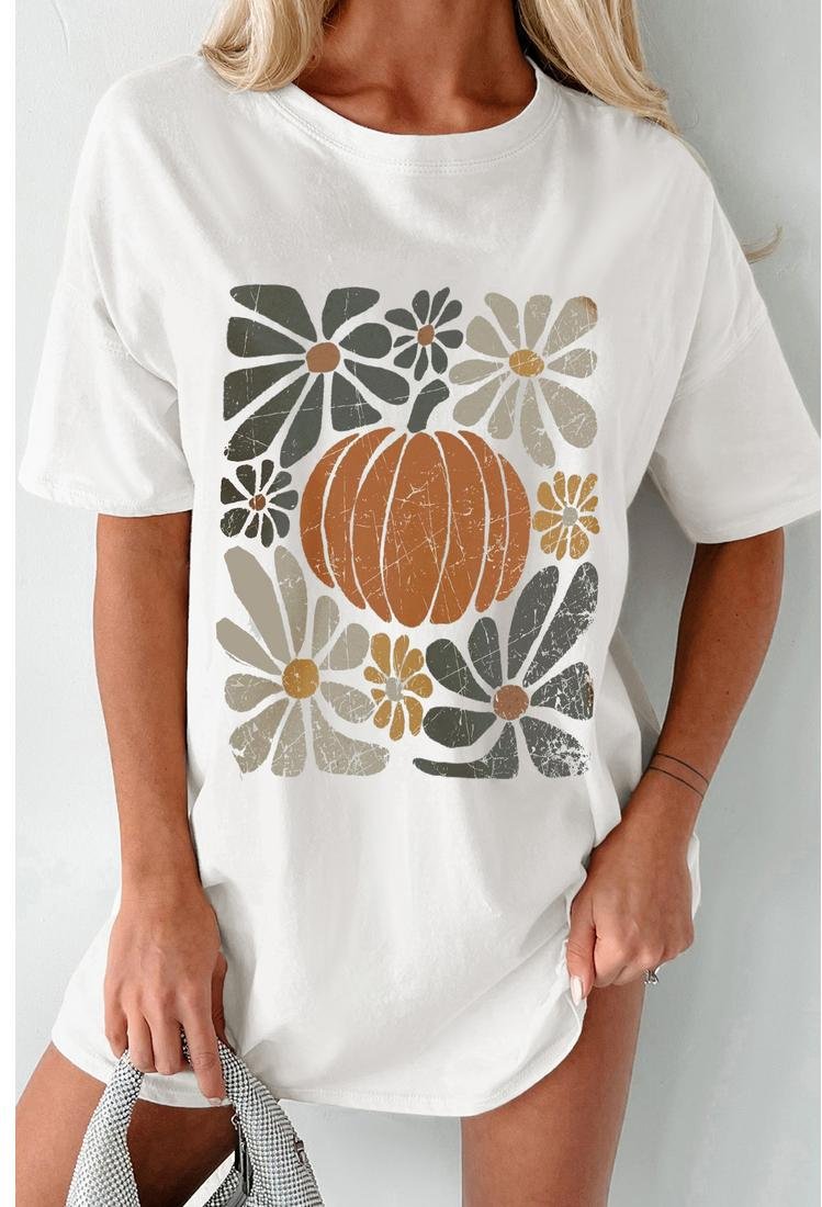 Thumbnail - Azura Exchange Weiße Erntedank-Kürbis Druck Lockere Rundhals-Tunika T-Shirt