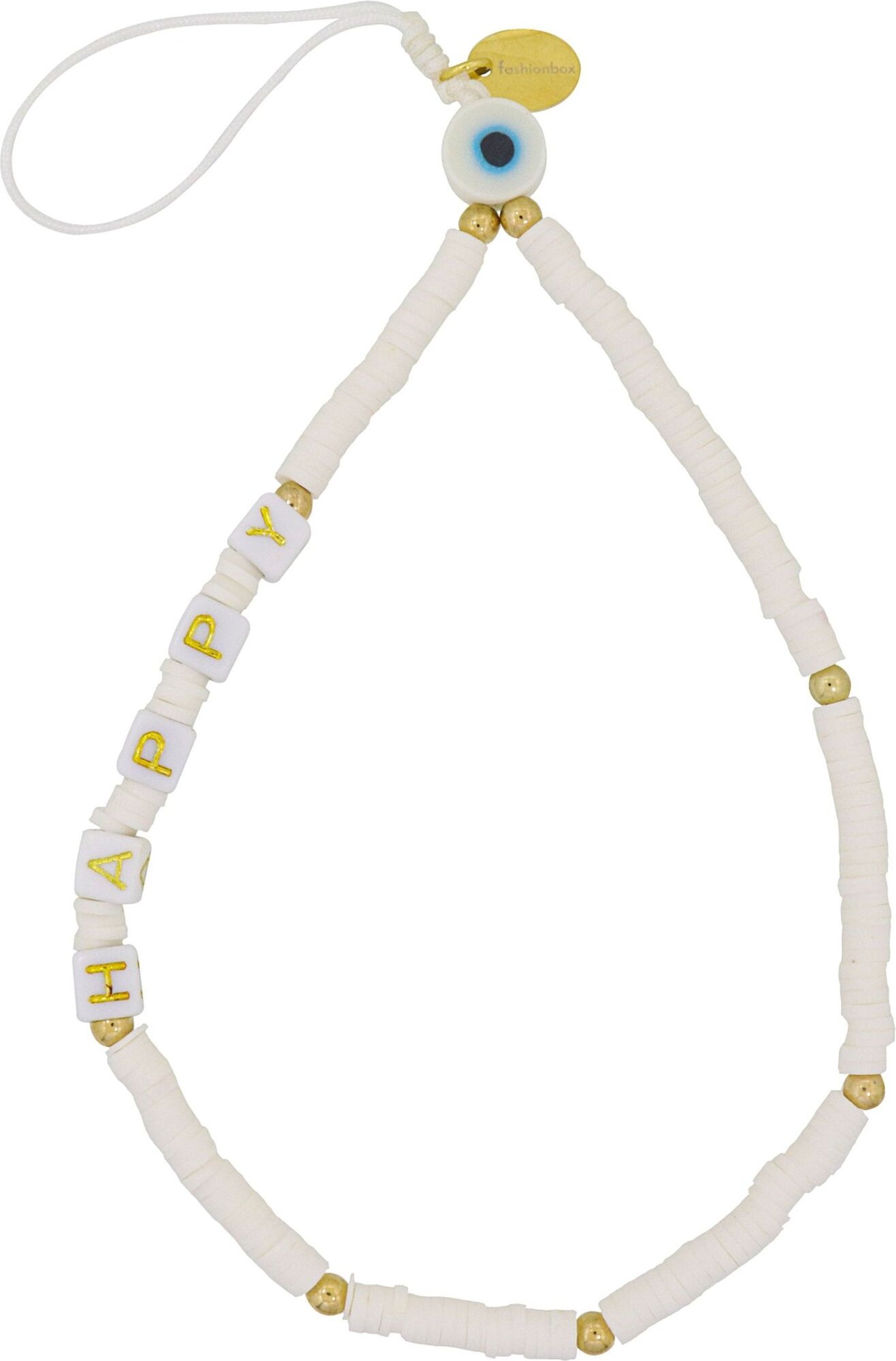 Fashionbox Armband mit Vinylplättchen weiss Schrift "HAPPY"