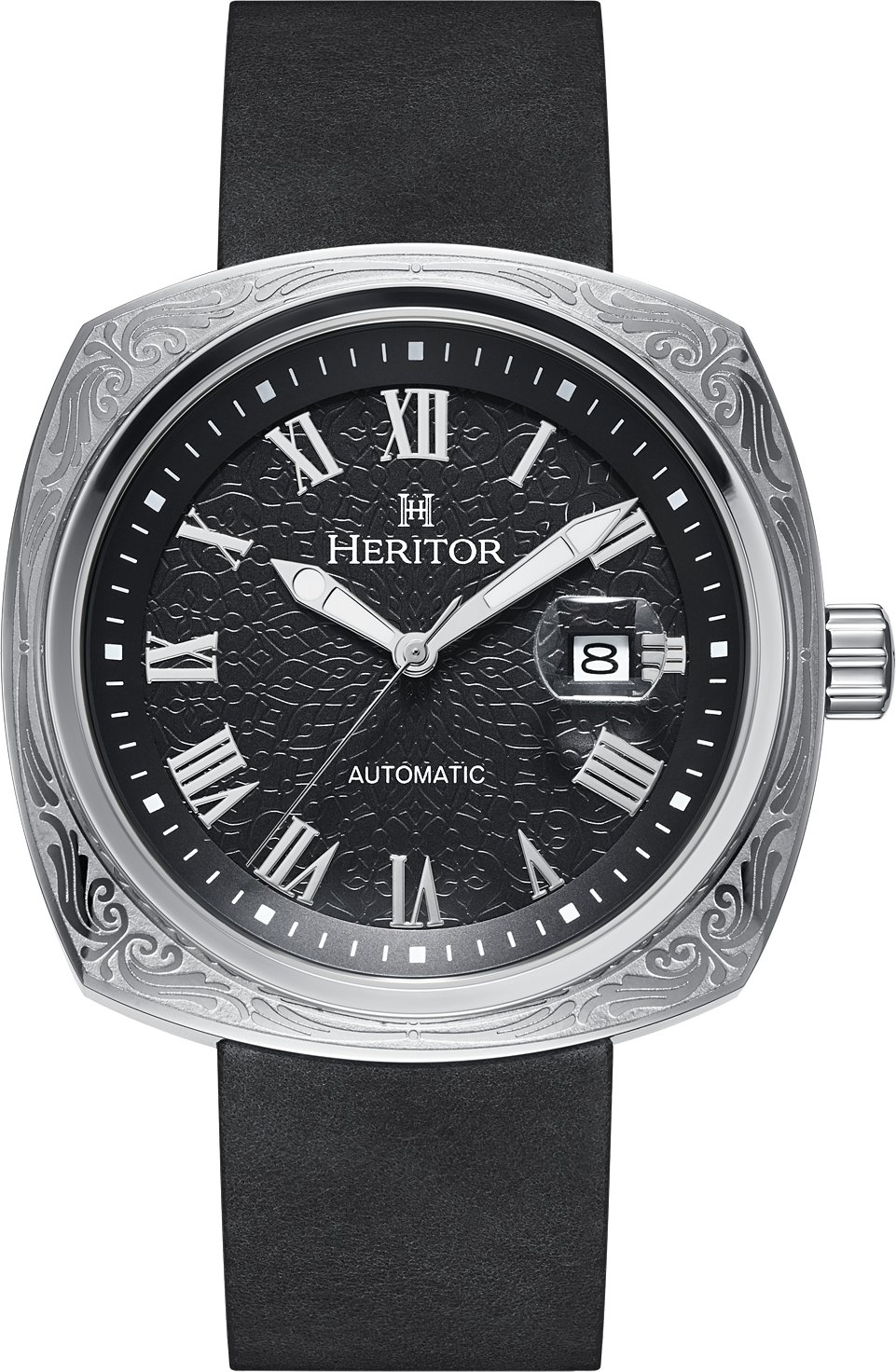 Montre automatique Heritor Davenport avec boîtier gravé et bracelet en cuir avec date