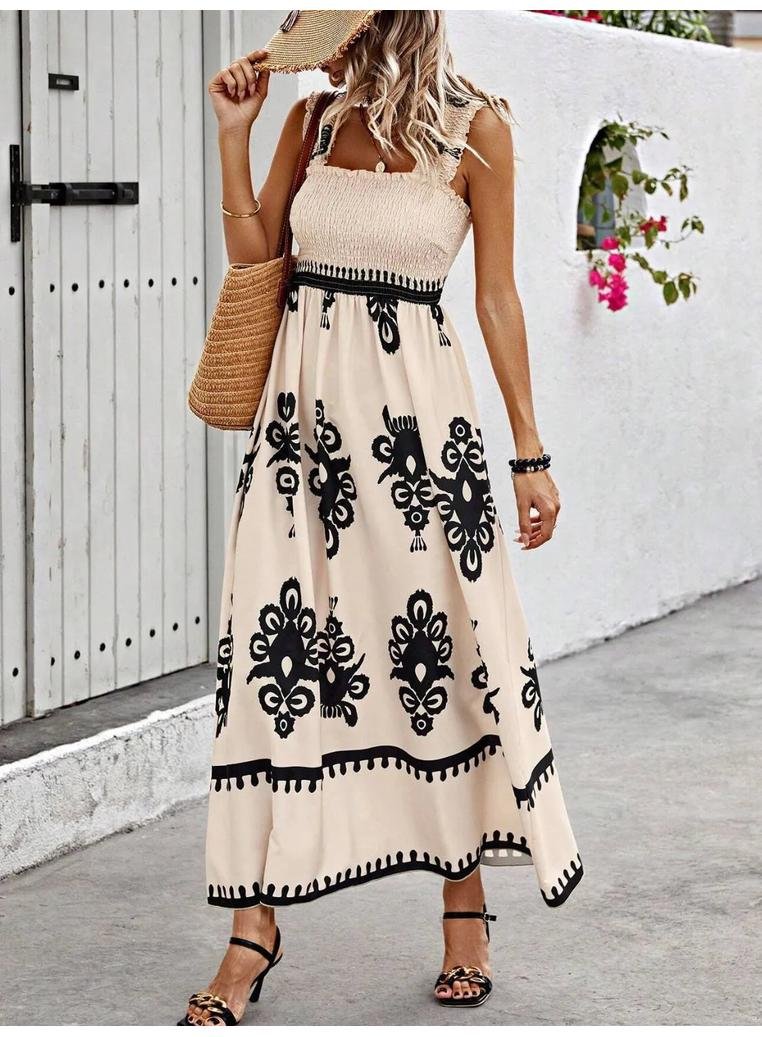 Damen Maxikleid mit Rüschen und breiten Trägern