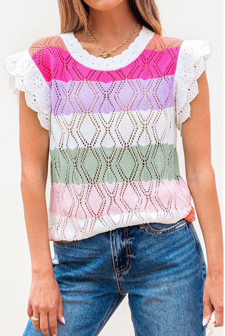 Durchbrochenes Strickoberteil mit Rundhalsausschnitt und Flugelarmeln