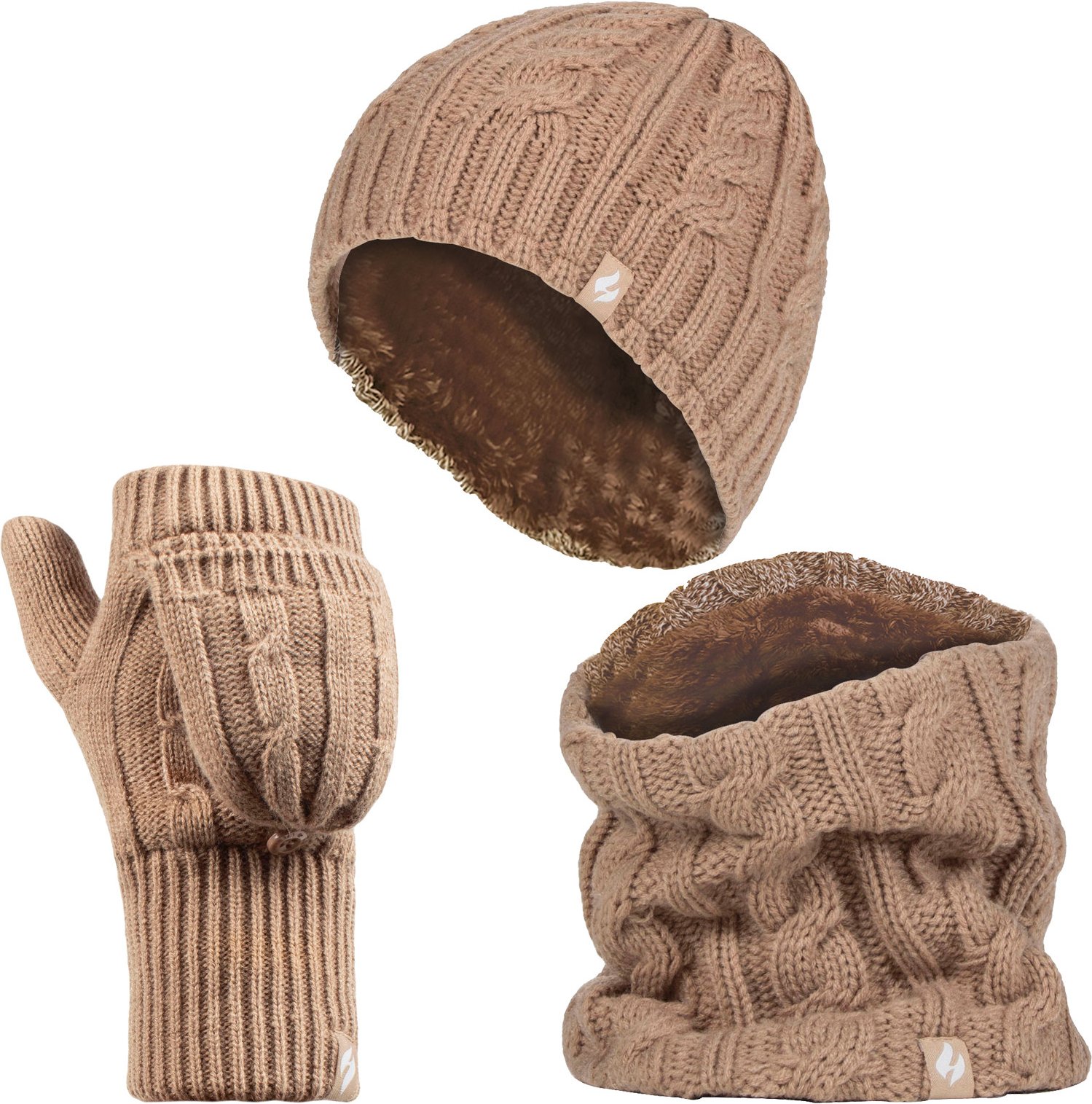 Heat Holders - Womens Thermal Winter Fleece Mütze, Halswärmer und Converter Handschuhe Set - Beige