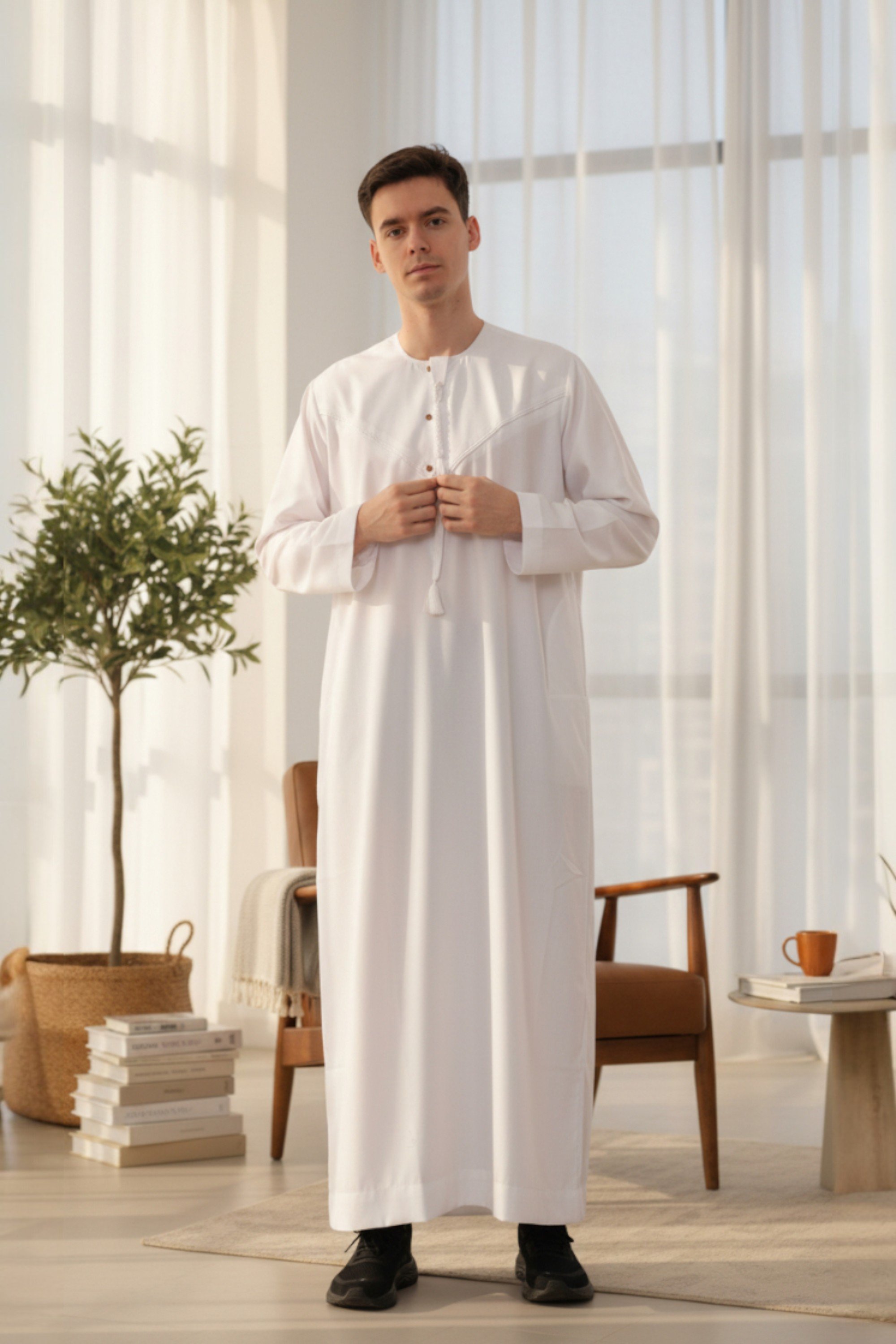 Weißes Eid-Jubba-Gewand für Herren, Djellaba, Ramadan, Eid, Thobe, LFS-HM11