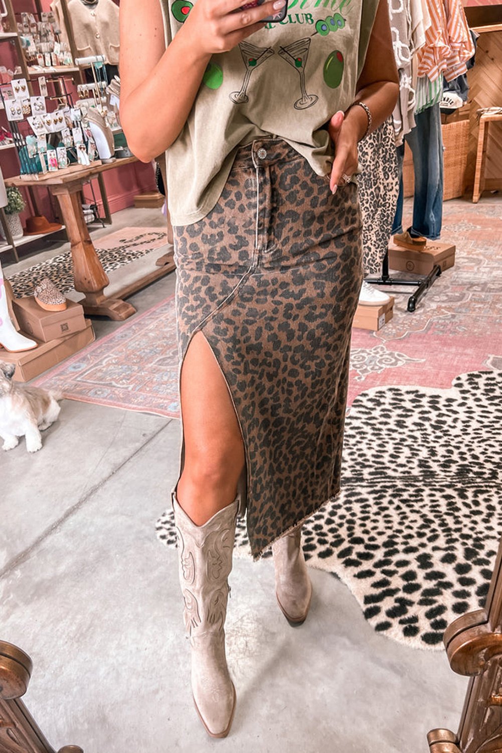 Leopard-Denim-Schlitzrock