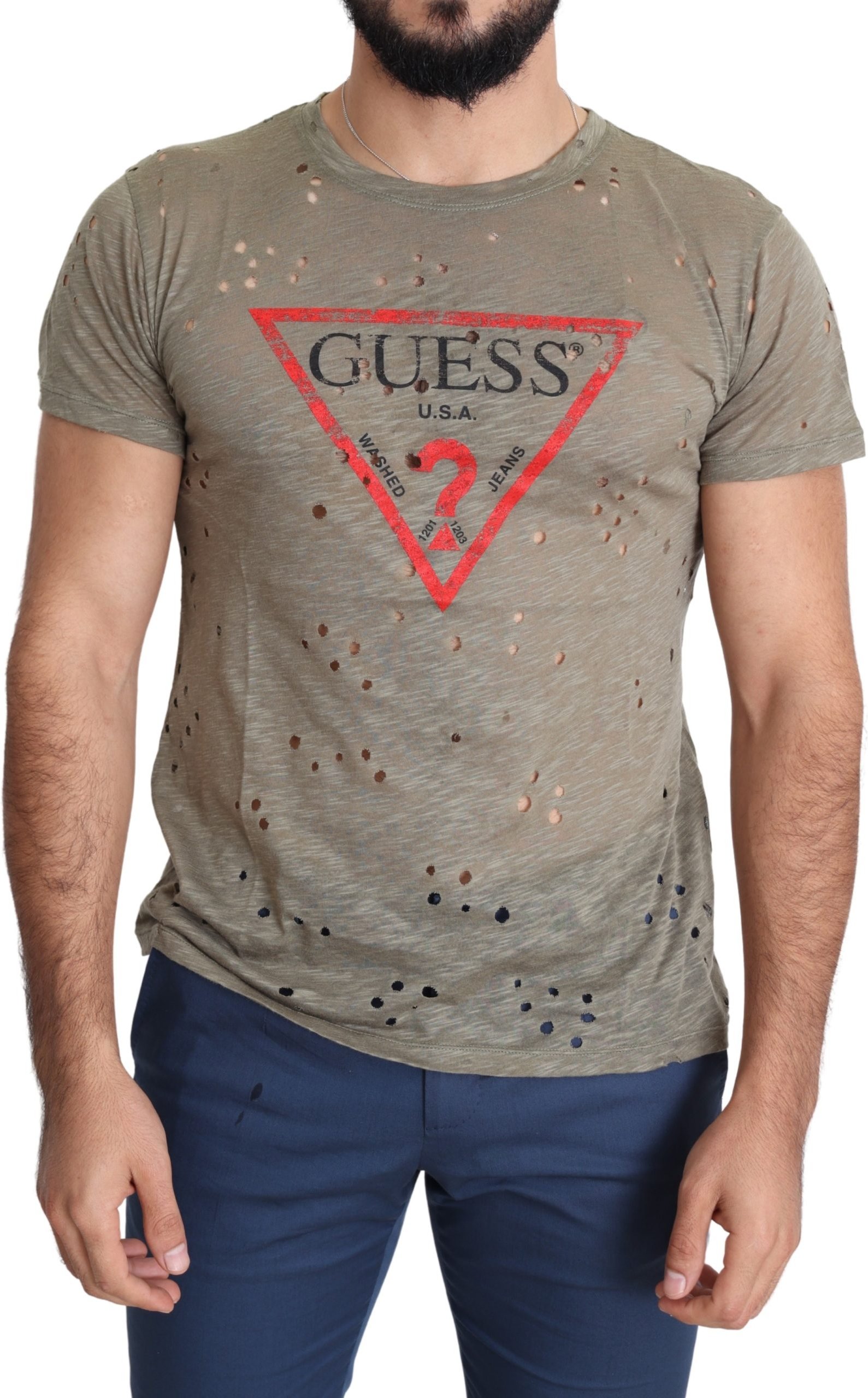 Guess Braunes Baumwollstretch T-Shirt mit Logo-Print für Herren mit perforierten Details
