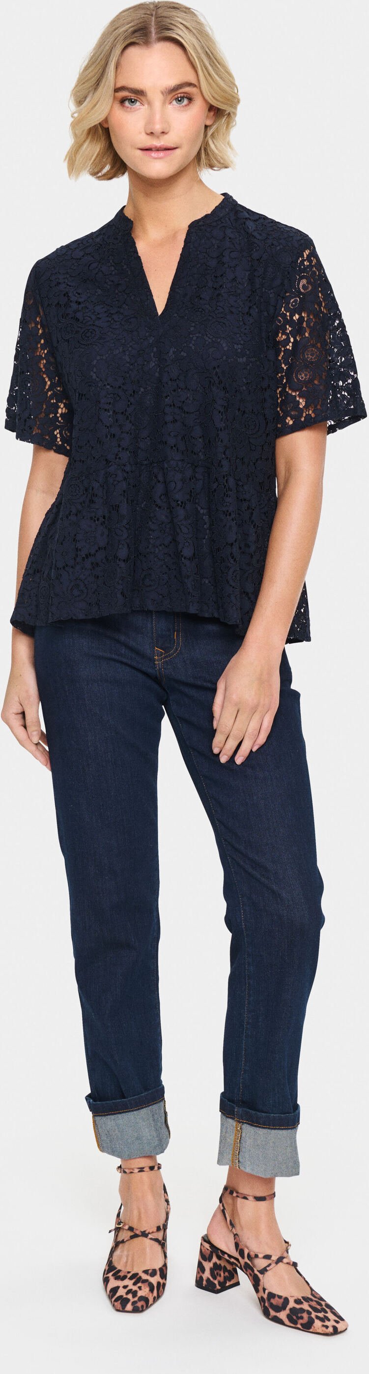 Kurzarm-Bluse Gerade Passform Night Sky dark blue