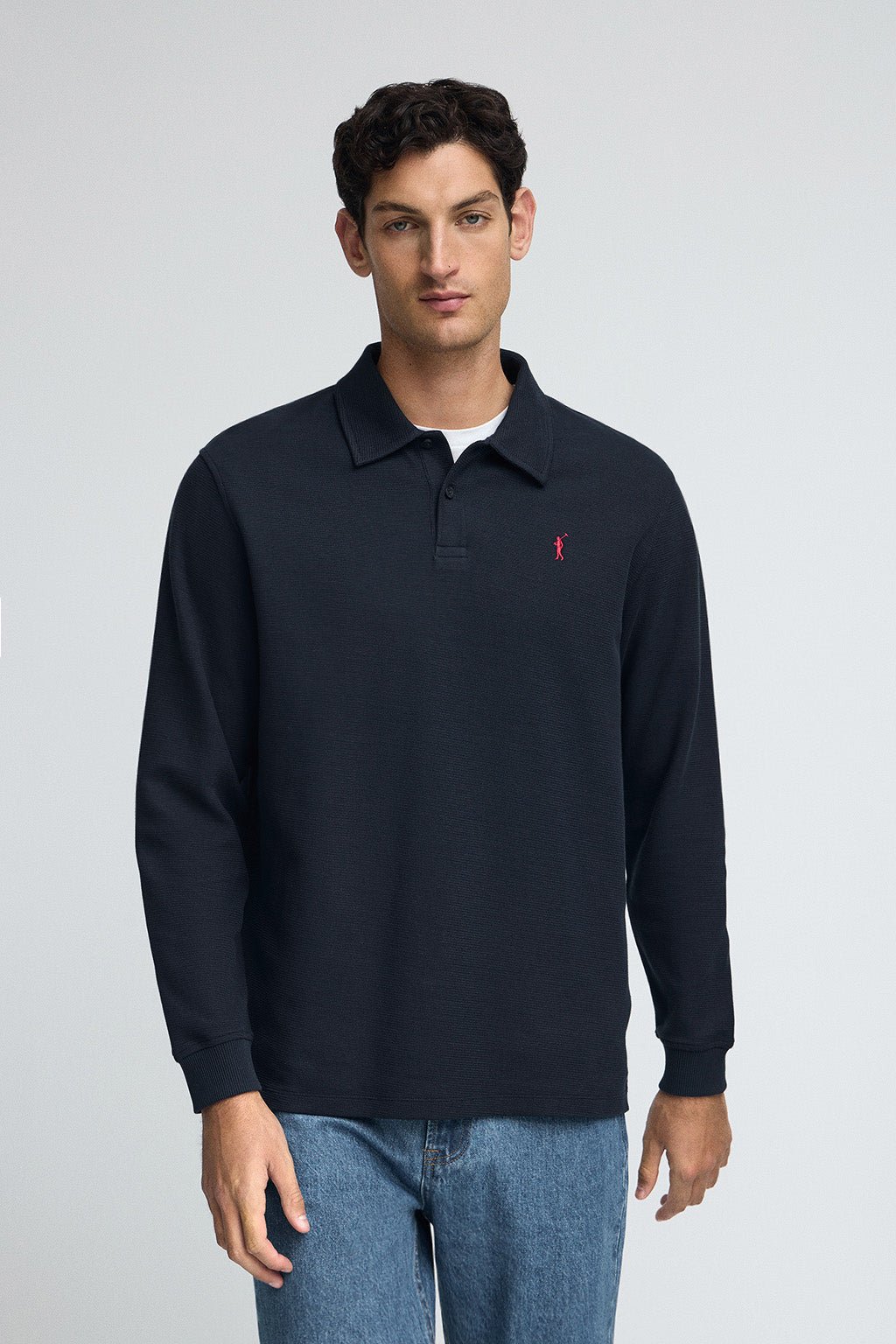 Poloshirt dunkelblau mit Mikrostruktur und gesticktem Rigby Go-Logo