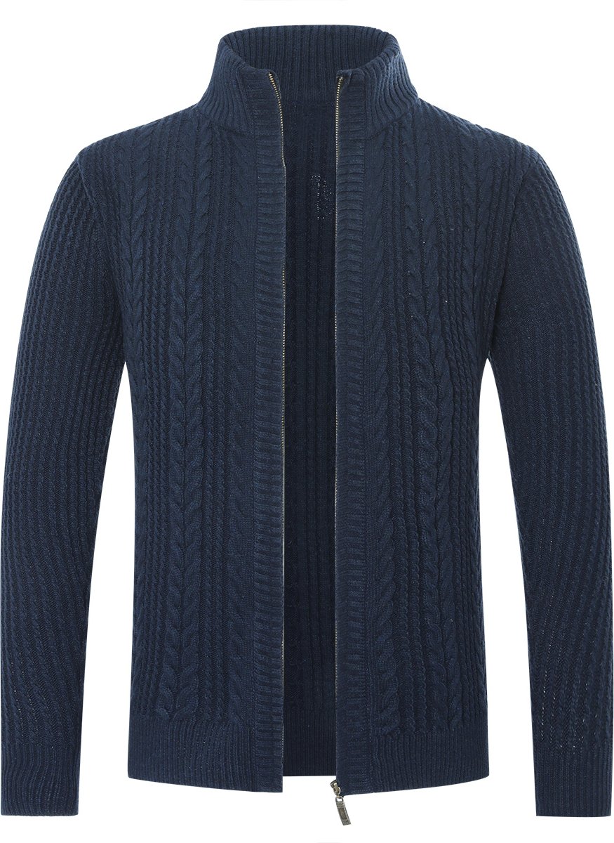 Herren Strickjacke mit Reißverschluss Cardigan Grobstrick mit Stehkragen Blau