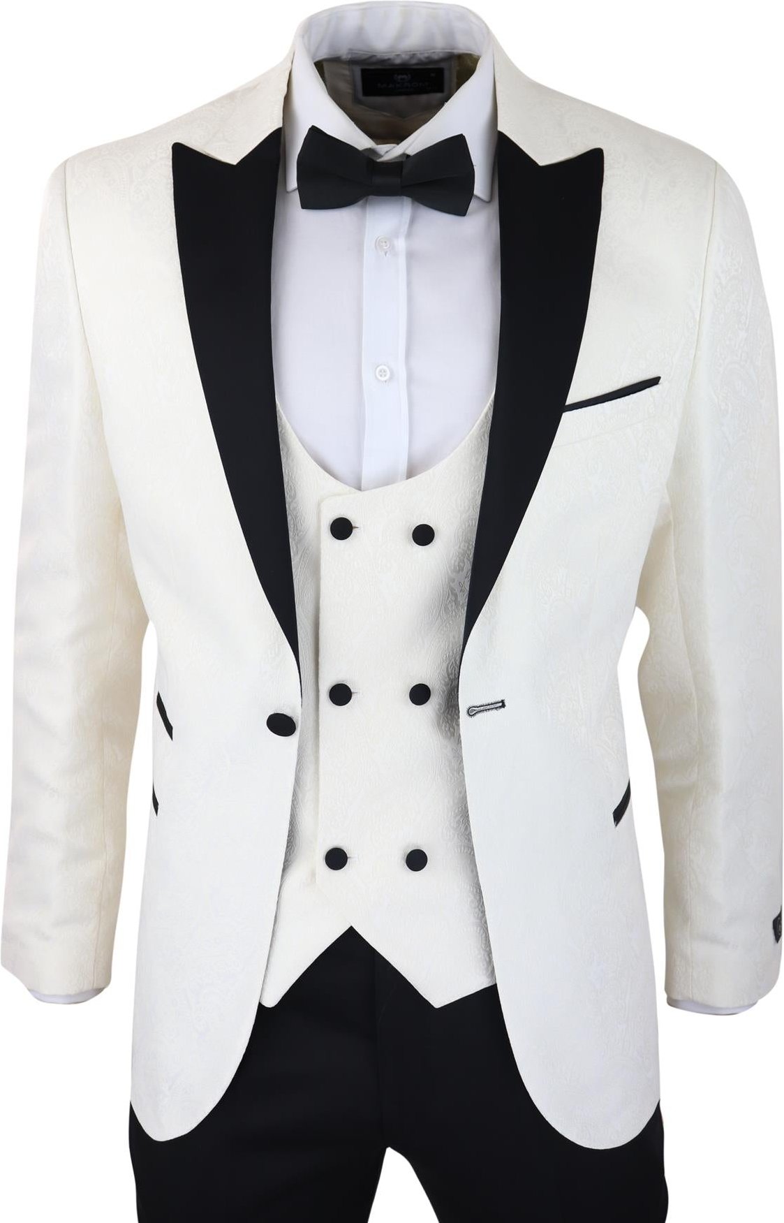 Thumbnail - Beigefarbener Herren-Smoking-Blazer, Brokat, elfenbeinfarbener Satin-Paisley-Dinner-Jacke