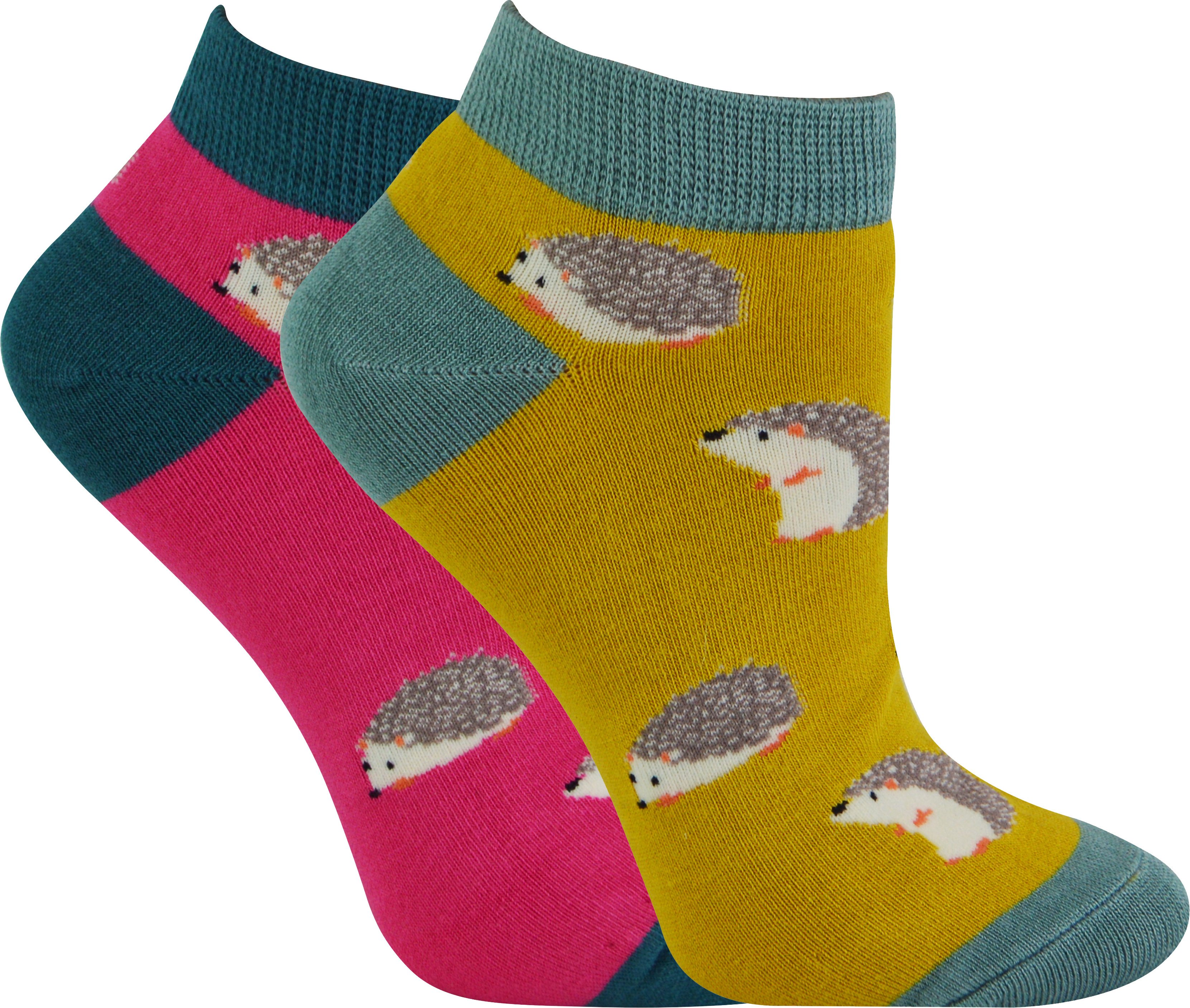 2 Paar Multipack Damen Bambus Trainer Socken | Miss Sparrow | Atmungsaktive Neuheit Tiermuster Socken - Igel