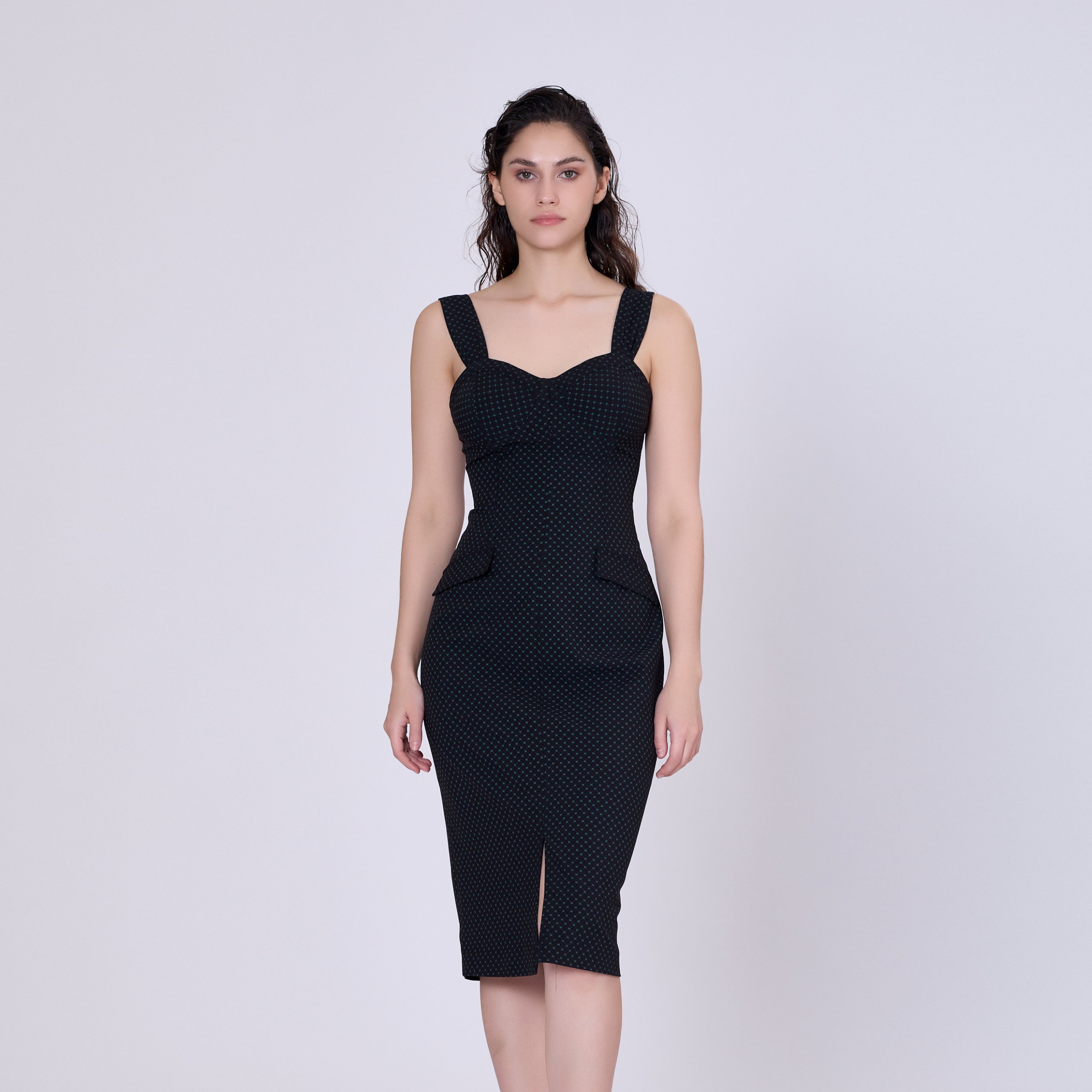 Ärmelloses Etuikleid mit Mini-Punktmuster