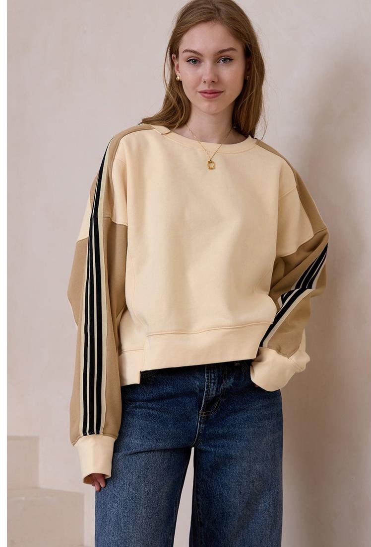 Thumbnail - Azura Exchange Beiger Kontrast Gestreifter Patchwork Oversized Sweatshirt