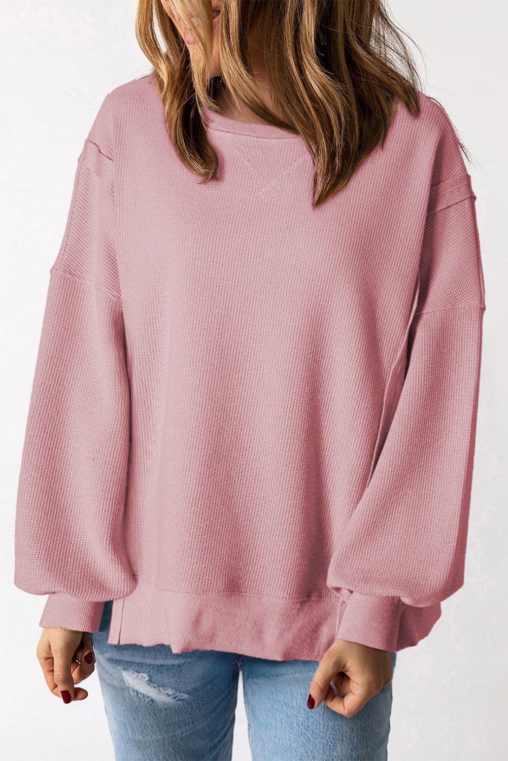 Rosa Waffelstrick Bischof Ärmel Spaltungs Oversized Sweatshirt