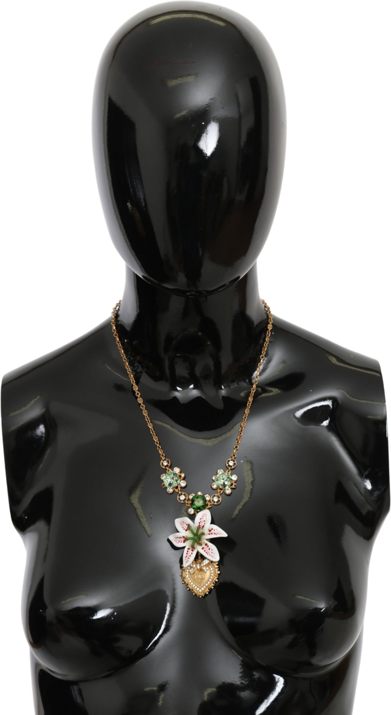 Dolce & Gabbana Damen Gold Grün Weiß Messing Kristall Lilie Blumen Herz Halskette