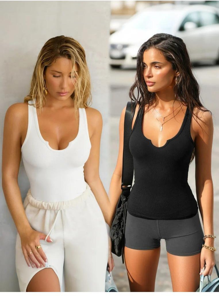 Damen 2-Teiliges Ripp-Tanktop mit Breiten Trägern