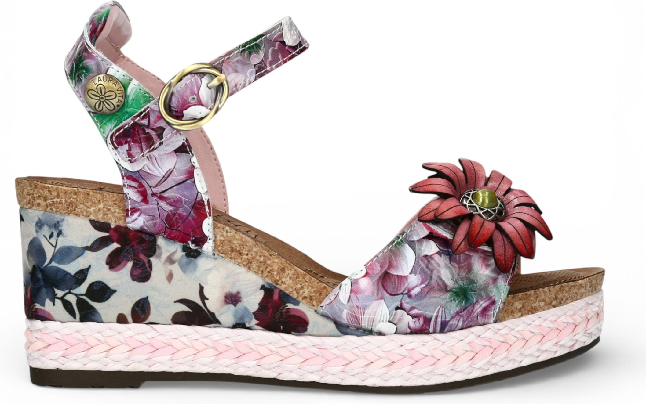 Laura Vita Damen-Espadrilles Facyo 75, lila-violett, mit Blumenmuster, aus Leder, Keilabsatz