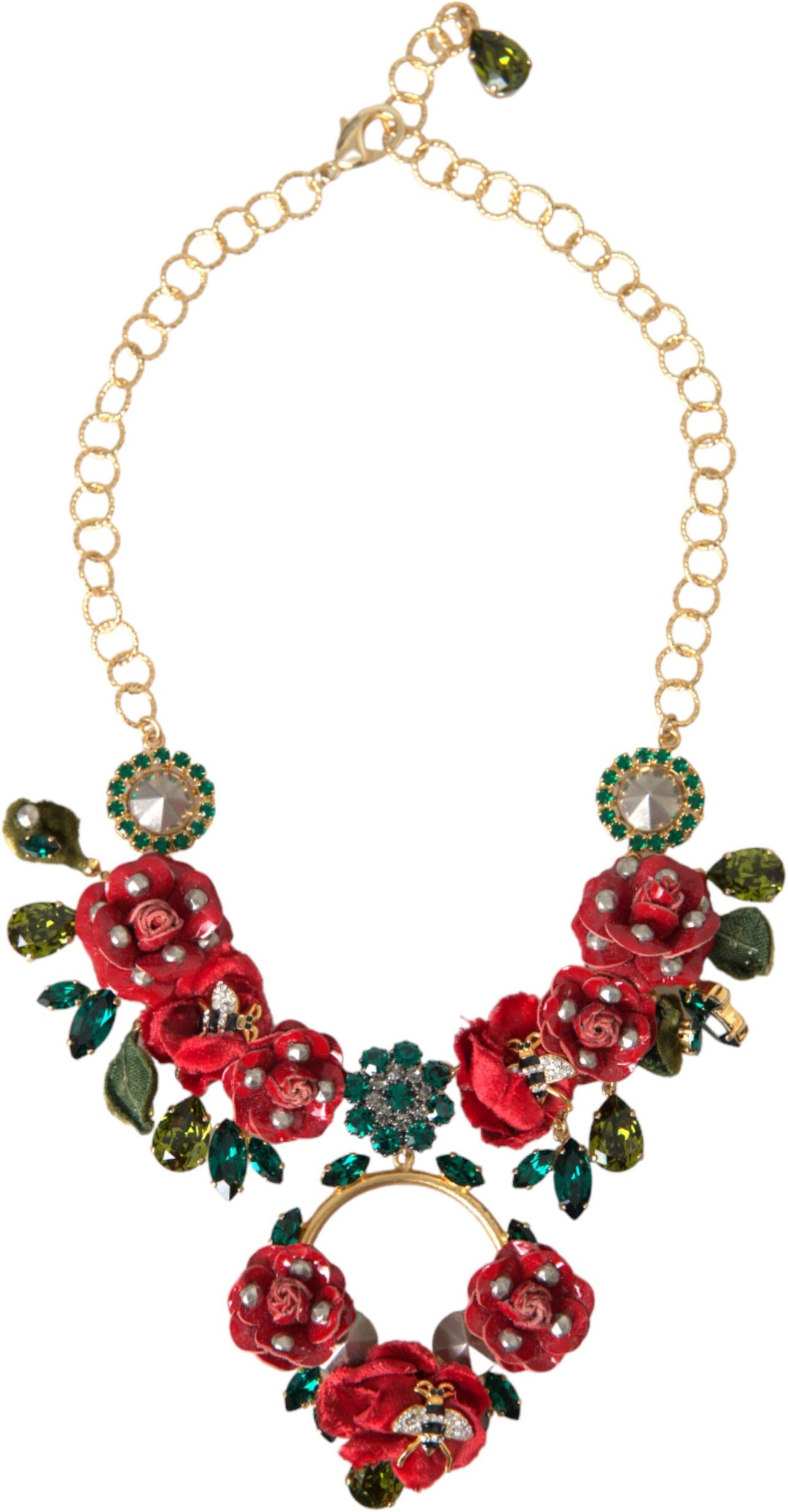 Goldene Messing-Gliederkette mit Rosenblatt-Kristall-Anhänger Halskette