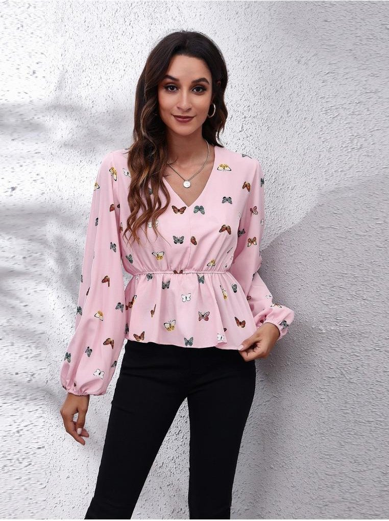 Damen Schmetterling V-Ausschnitt Ballonärmel Peplum Bluse