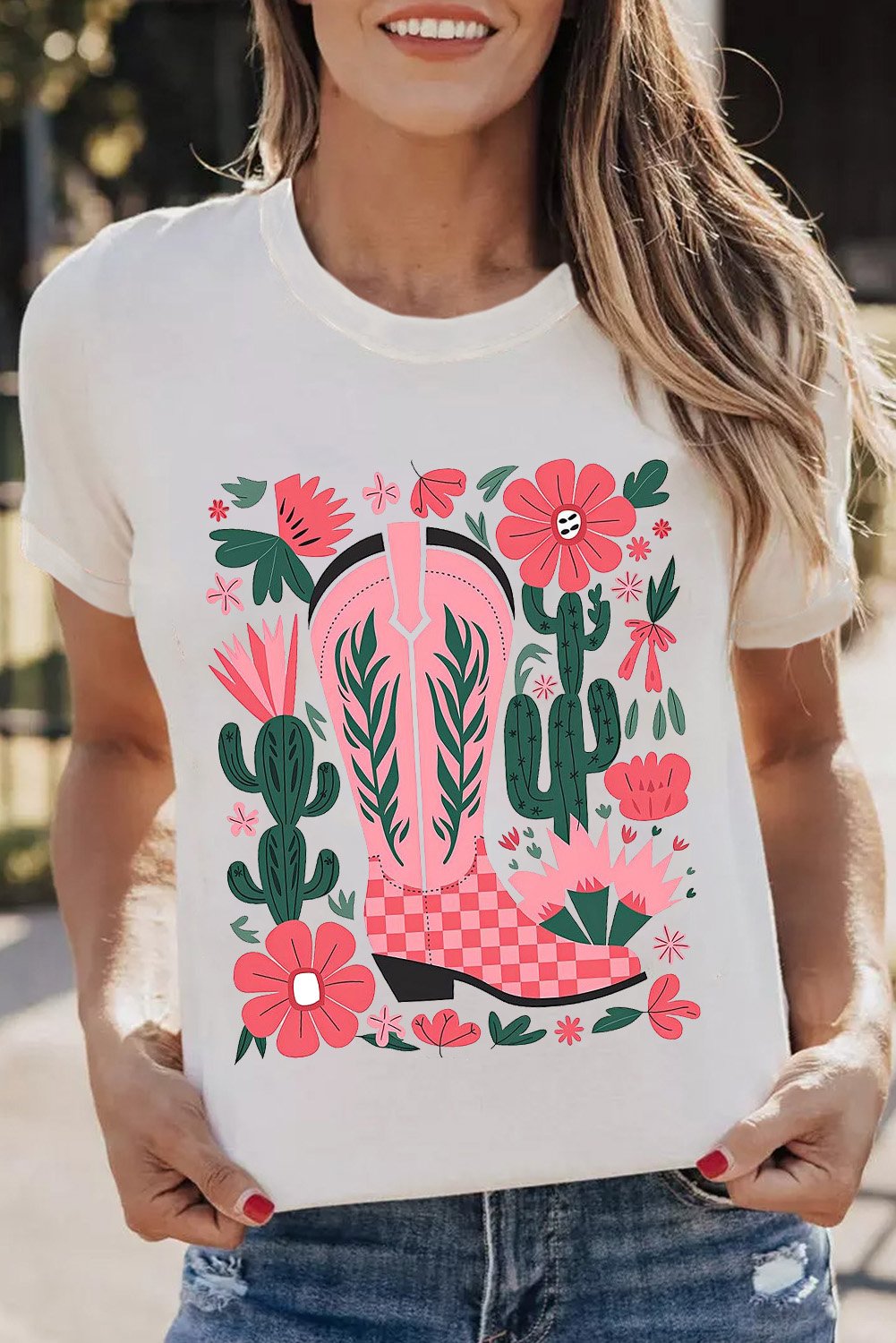 Blumen-Cactus-Stiefel-Grafik-T-Shirt