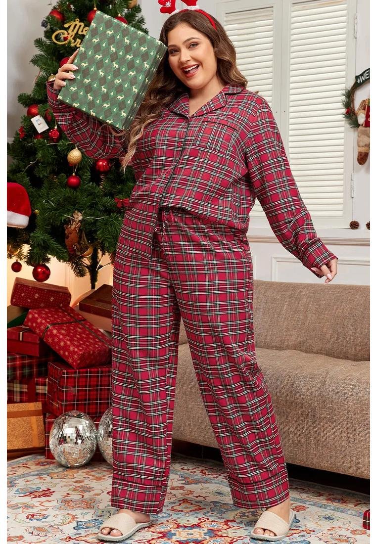 Damen Plus Size Karo Kragenoberteil und Hose Lounge-Set