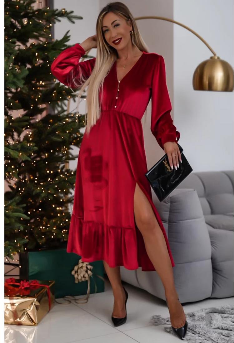 Thumbnail - Azura Exchange Rennrot Samt Knöpfen Puffärmel V-Ausschnitt Schlitz Midi-Kleid