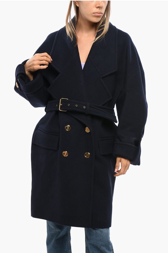 Zweireihiger Mantel aus Wollmischung mit Gürtel in Blau