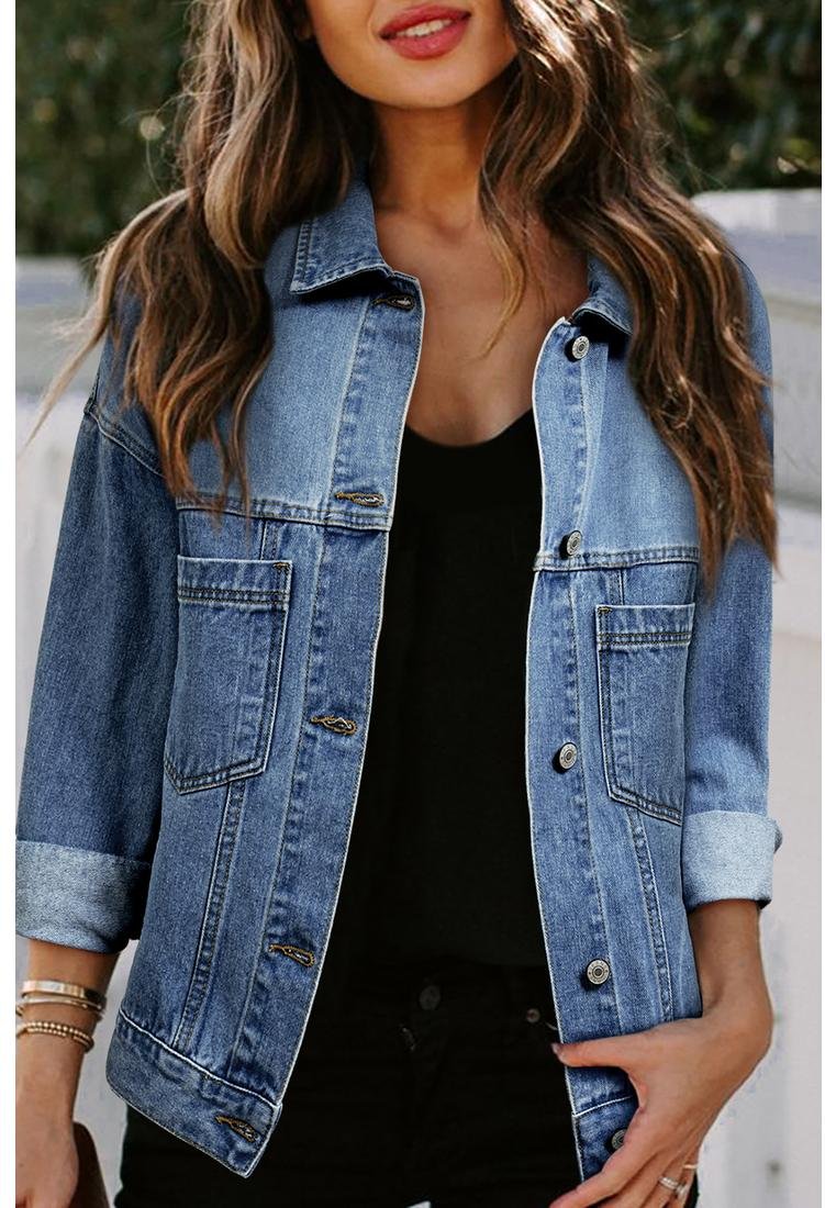 Thumbnail - Hellblaue gewaschene Oversize-Denimjacke mit Taschen