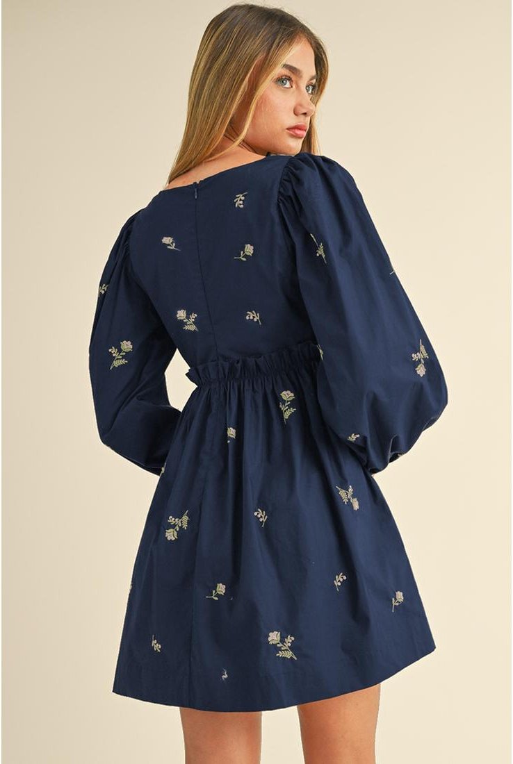 Thumbnail - Blaues Blumengesticktes Quadrat-Hals Puffärmel Rüschens Mini-Kleid