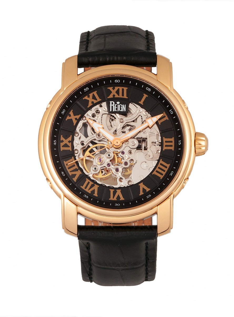 Reign Kahn Automatik-Skelettuhr mit Lederarmband