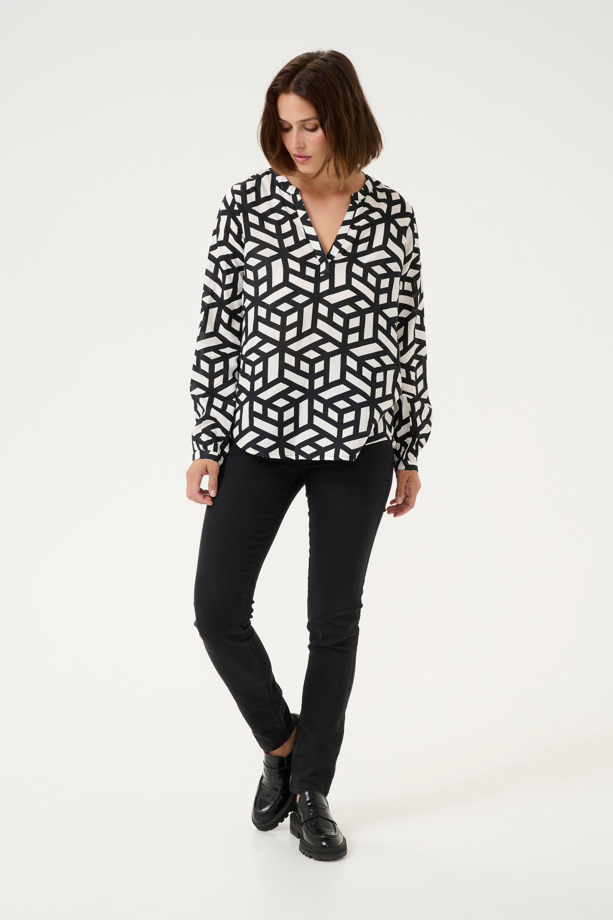 Thumbnail - Langarm-Bluse Regular fit Chalk/Deep Black white black