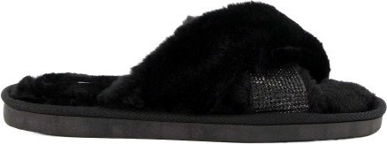 Dune London - "Winta" Strassbesatz Hausschuhe für Damen, Kunstfell, Kreuzriemen (Schwarz)