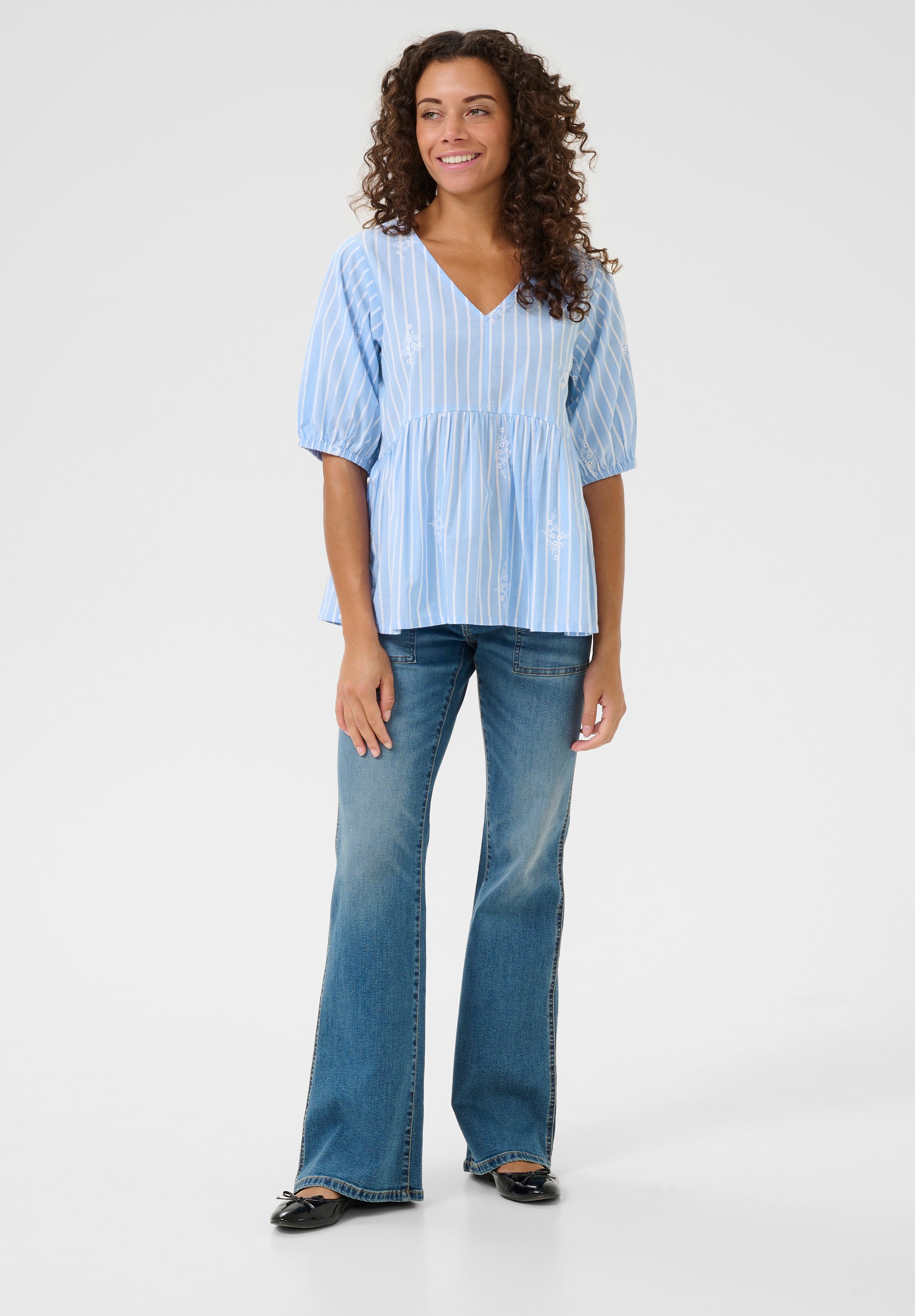 Kurzarm-Bluse Relaxed fit Blue Stripe white