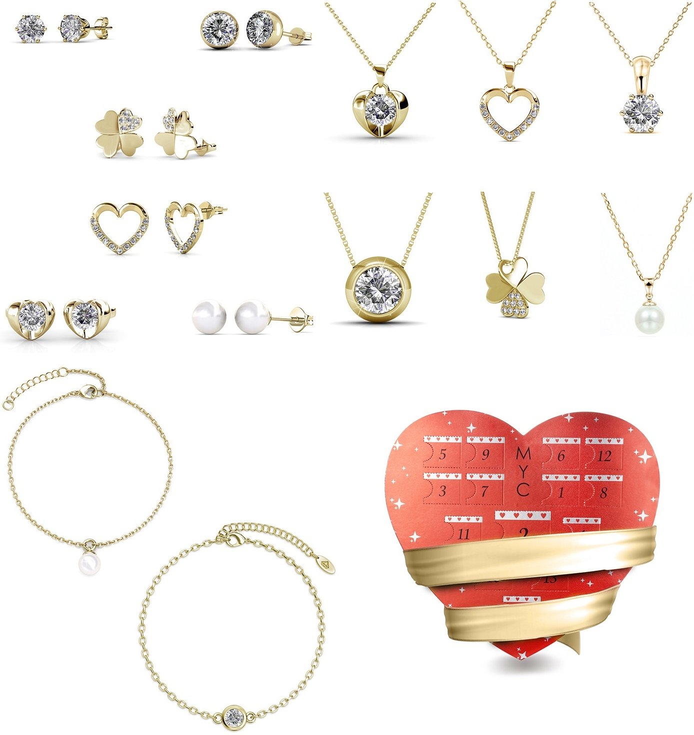 Überraschungsherz-Adventskalender - 14 Juwelen - Gold und Kristall